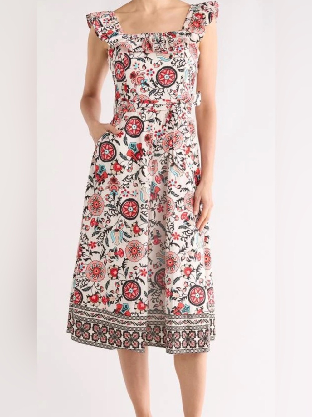 Tahari Cream Floral Ruffle Dress with Tie Belt